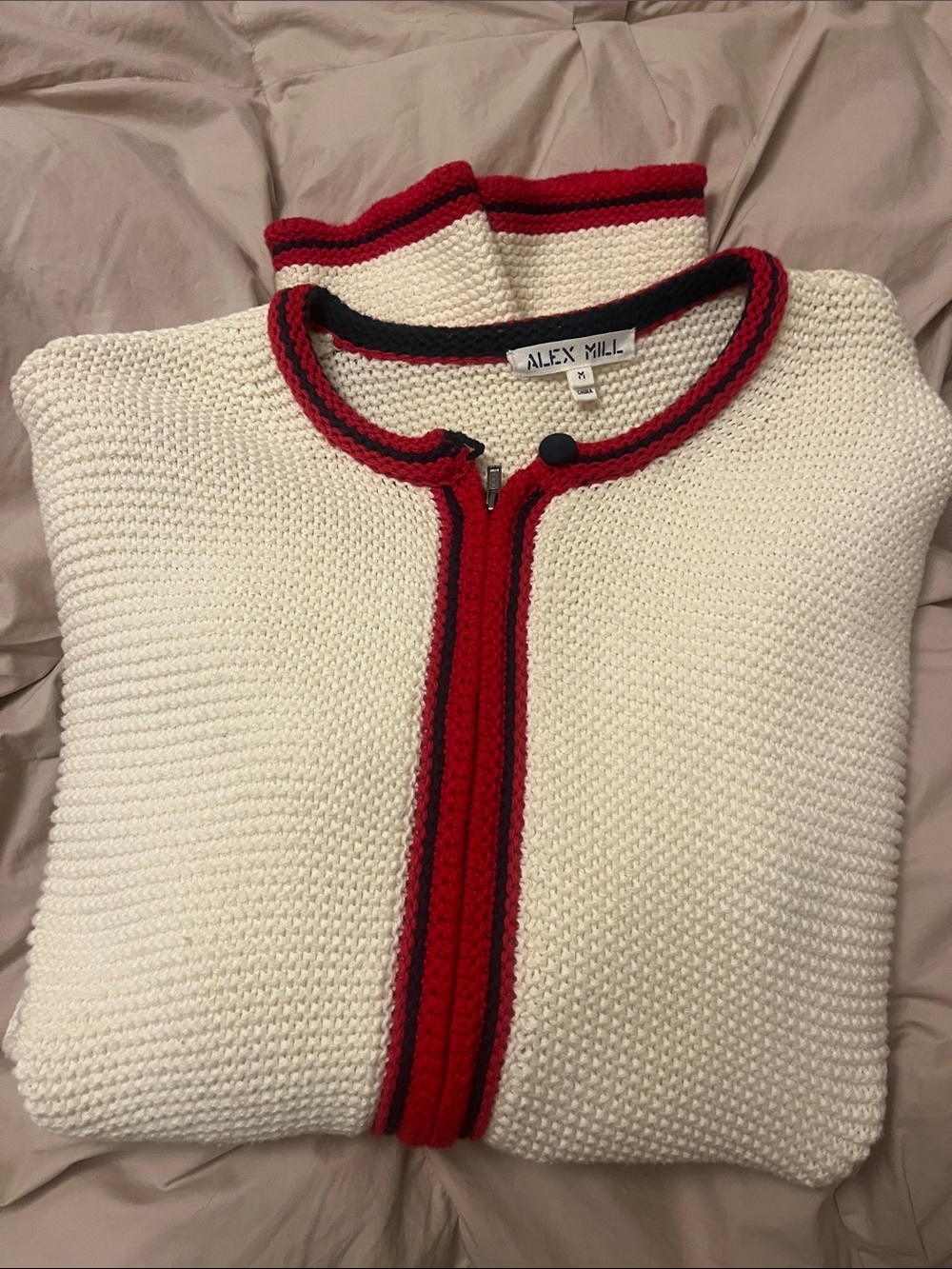 Alex Mill Cream Knit Zip Cardigan with Red and Navy Trim